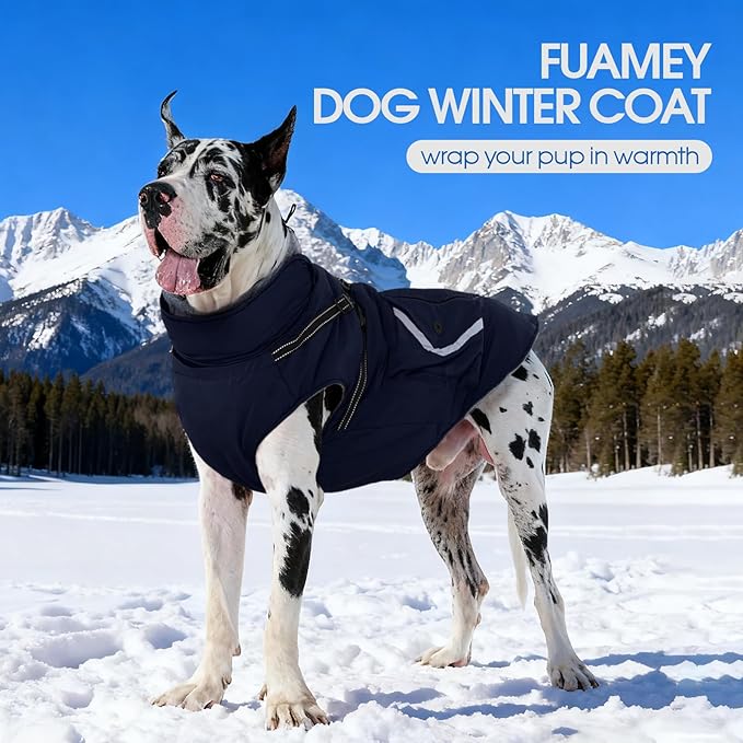 FUAMEY Dog Coat Zipper on Back, Fleece Lined Dogs Jacket for Winter with Harness Built-in, Insulated Clothes Large Doggy Cold Weather Outfits with Pop Bag Pockets, Jack Russell (Dark Blue, L)