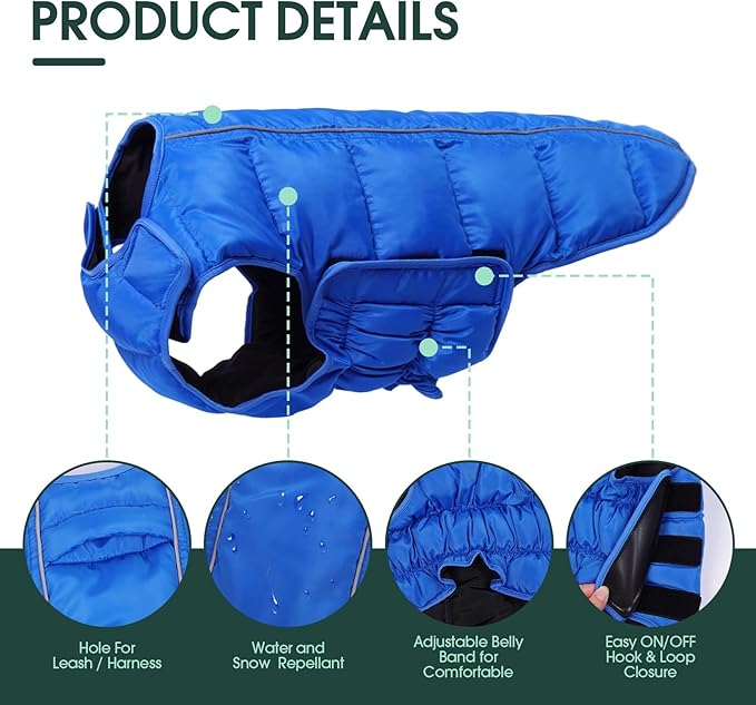 Kuoser Dog Puffer Jacket Warm Dog Coat for Medium Large Dogs, Windproof Reflective Pet Padded Vest Cold Weather Clothes Puppy Snowsuit with Hook & Loop Coats, Easy On/Off, Blue L