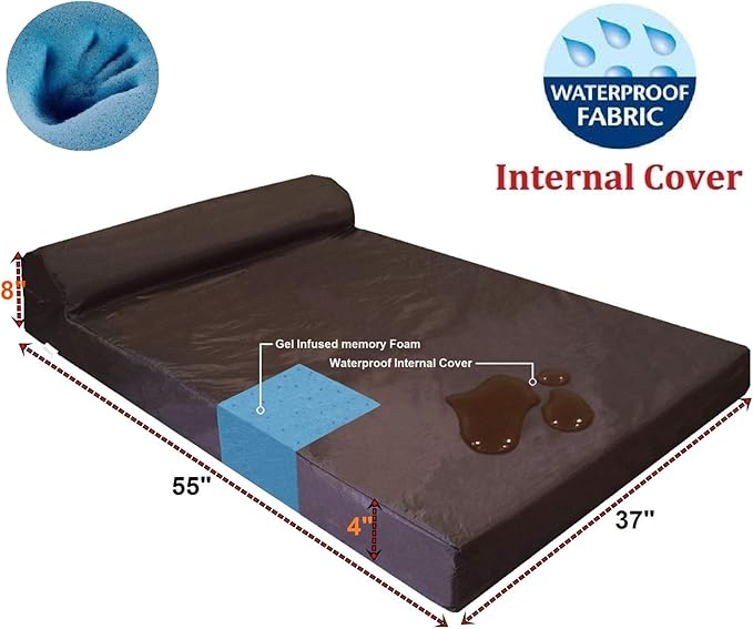 Dogbed4less Premium HeadRest Pillow Orthopedic Cool Memory Foam Dog Bed for Large Dogs, Waterproof Lining with Washable Denim Blue Cover, XXL 55X37