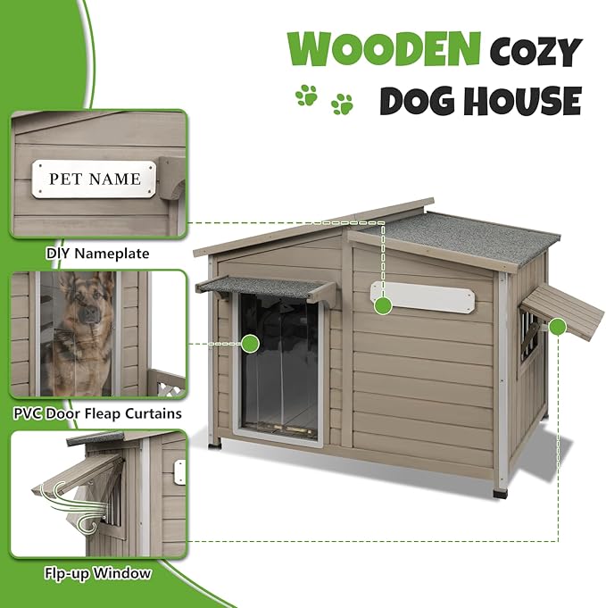 Large Outdoor Wooden Dog House, Weatherproof Dog Houses with Adjustable Vent Windows, Alloy Chew-Resistant Frame, Removable Floor for Medium & Large Dogs (43.5" L x 29.5" W x 33.5" H)