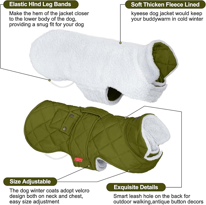 KYEESE Dog Coat Thick Pet Winter Coat with Pocket Windproof Dogs Jacket with Fleece Lined Waterproof Dog Coats for Large Dogs Soft Pet Sweater with Leash Hole Warm Pets Puffer Clothes for Cold Weather