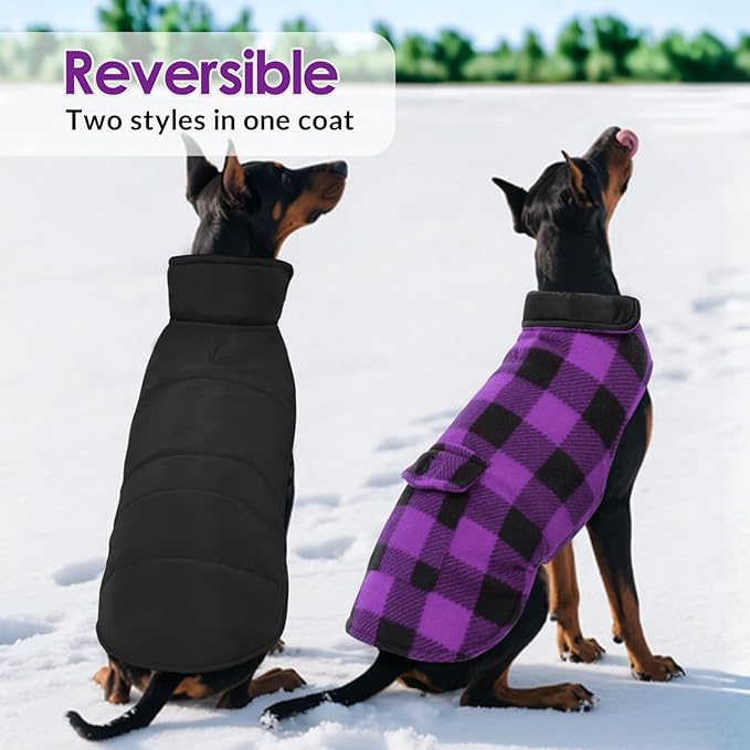 ASENKU Dog Jacket Plaid Reversible Reversible Dog Vest Waterproof Cold Winter Clothes Pet Apparel for Small Medium Large Dogs (M, Purple)