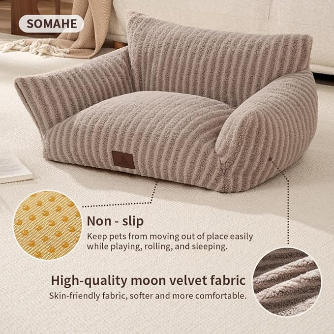 Cozy Couch for Cats Fluffy Pet Sofa with Premium Soft Fleece Fuzzy Cat Beds for Indoor Cat with Removable Washable Cover Supportive Pet Bed 24×18inch Beige