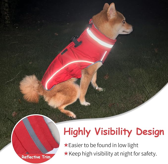 Malier Dog Coat, Reflective Dog Jacket Waterproof Windproof Puppy Cold Weather Coats with Harness Built in, Winter Extra Warm Pet Coat Fleece Vest for Small Large Pets and Puppy (Red, X-Small)