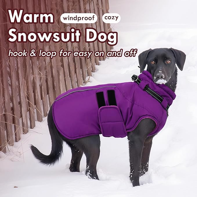 Dog Coats for Extra Large Dogs Winter Waterproof Jacket with Harness Reflective Adjustable Hook&Loop Snowsuit for Cold Weather, Warm Snow Jackets for Dogs Great Dane Saint Bernard, 5XL Purple