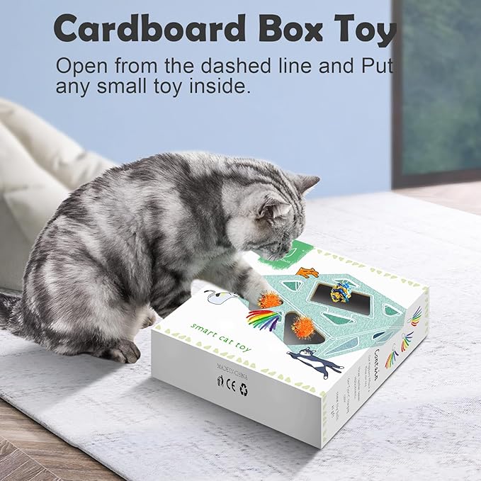 Migipaws Automatic MigiBox Cat Toys 3 n1 Interactive Pounce Mystery Under PopSkin 7 Holes Cardboard Kitten Toys for Indoor Rechargable 6 Accessories(Purple)