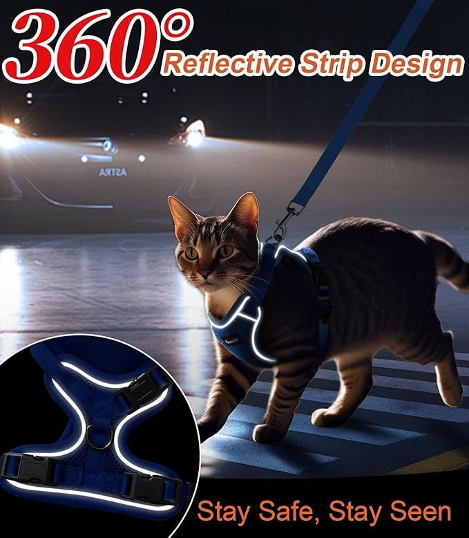 Cat Harness and Leash for Walking Escape Proof Soft Adjustable Cat Leash Breathable Comfortable Vest Easy to Wear Kitten Harness for Outdoor Travel Blue M