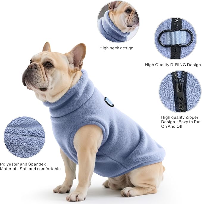 Idepet Dog Fleece Vest Sweater Zip Up Warm Pullover Dogs Jacket with D-Ring Leash Winter Cold Weater Coat Pet Sweatershirt Clothes Hoodie for Small Medium Dogs Boy Girl(Sky Blue,S)