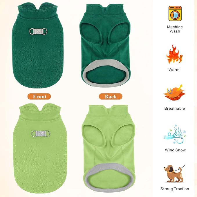 Idepet 2 Pack Dog Fleece Vest Sweater Warm Pullover Jacket with D-Ring Leash Reflective Winter Coat Hoodie for French Bulldog Pug Chihuahuas Yorkies Dachshunds(Dark Green&Grass Green,Small)