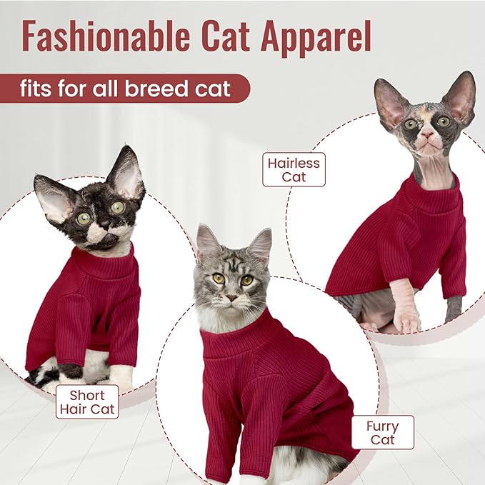 DENTRUN Sphynx Hairless Cats Shirt Pullover Kitten T-Shirts, Breathable Cat Wear Turtleneck Sweater Adorable Cat's Clothes Vest Pajamas Jumpsuit