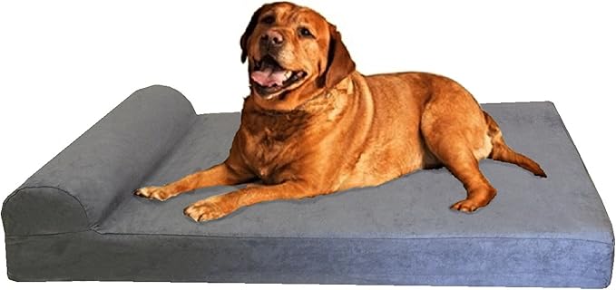 Dogbed4less Premium HeadRest Pillow Orthopedic Cool Memory Foam Dog Bed for Large Dogs, Waterproof Lining with Washable Suede Grey Cover, XXL 55X37X4