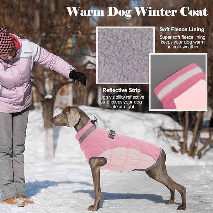 Lelepet Dog Coat Warm Dog Winter Coat Waterproof Dogs Jacket with Harness Built in Reflective Pet Fleece Vest Zip-Up Cold Weather Coats for Small Dogs Turtleneck & Windproof Coats Chihuahua Pink XS