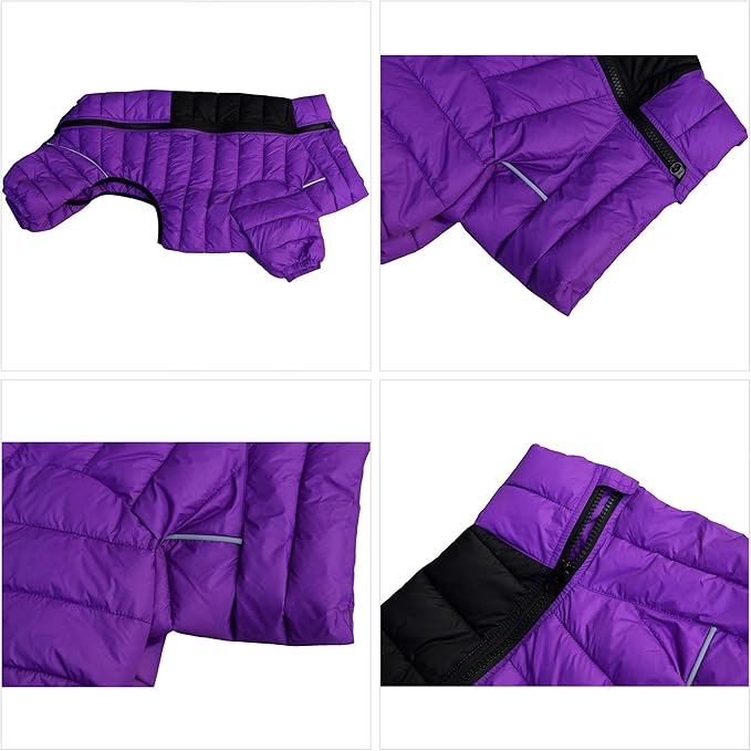 Dog Jacket 4-Leg Cover, Waterproof Windproof Reflective Warm Vest for Indoor/Outdoor, Adjustable Zippered, Medium Large Dogs, Purple