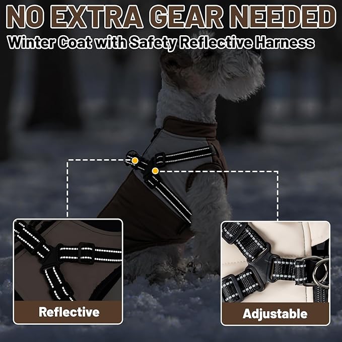Dog Winter Coat for Small & Medium Dogs (Up to 31lb), Waterproof Dog Coat with Harness, Puppies Windproof Puppy Puffer Jacket, Snowsuit for Dachshund,Frenchie, Corgi (Classic Brown, Medium)