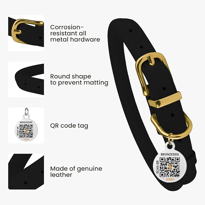 BronzeDog Rolled Leather Dog Collar with QR ID Tag, Adjustable Soft Round Collars for Small Medium Large Dogs Puppy (9" - 11" Neck Size, Black Night)