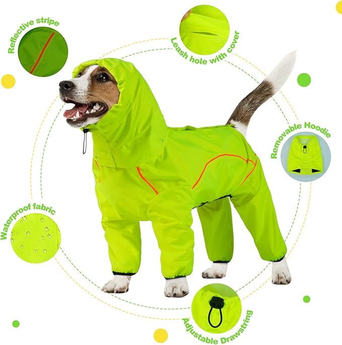 Dog Raincoat, Waterproof Dog Rain Jacket with Removable Hood，Adjustable 4 Legs Pet Poncho with Leash Hole，Reflective Stripe Hooded Snowproof Windproof Clothes for Small to 3X-Large Dogs, 2XL
