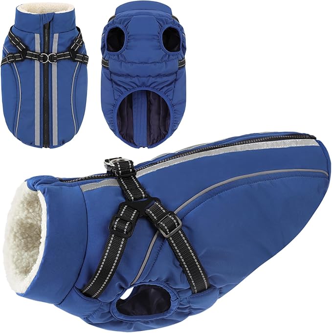 Dog Winter Coat with Harness Built in Warm Puffer Dog Jackets for Small Medium Large Dogs Windproof Waterproof Outfit with Plush Lining and Reflective Stripes (Blue, XS)