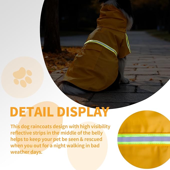 Dog Raincoat, Waterproof Windproof Dog Rain Jacket Adjustable, Rain Coat with Leash Hole, Reflective Strap Raincoat Poncho for Small Medium Large Dogs Outdoor (Reflection-Yellow, Small)