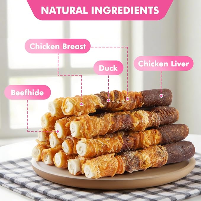 Dog Treats, Triple Flavor 6 Inch Rawhide Rolls, Chicken Duck and Chicken Liver Wrapped Rawhide Dog Chews, Suitable for Medium Dogs, 35.3 oz