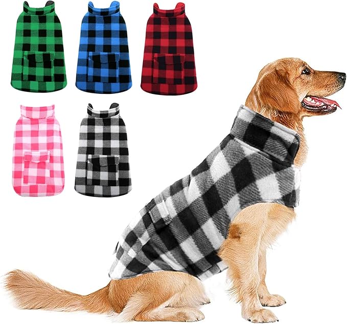 ASENKU Dog Winter Coat, Fleece Doggie Jacket Plaid Reversible Vest Waterproof Windproof Cold Weather Clothes for Small Medium Large Dogs (XXL, White)