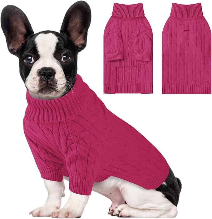 Small Dog Thermal Pullover Sweater, Classic Turtleneck Cable Knitwear Dog Clothes for Cold Weather Warm Pet Clothes for Chihuahua, Bulldog, Dachshund, Pug Hot Pink Large