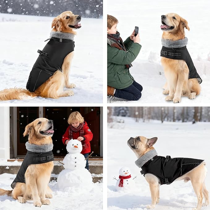 Mihachi Dog Coat for Large Dogs, Warm Dog Winter Coat Waterproof Dogs Jacket with Harness Built in Reflective Pet Fleece Vest, Puppy Cold Weather Coats Turtleneck & Windproof Pet Snowsuit, Black L