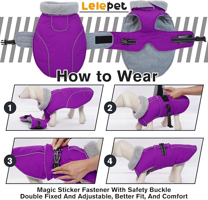 Lelepet Warm Dog Winter Coats for Small Dogs Waterproof Dog Jacket Reflective Pet Fleece Vest Windproof Cold Weather Coats with Adjustable Buckle & Leash Hole, Purple, S
