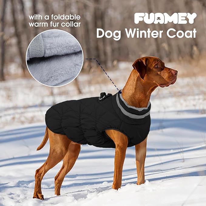 FUAMEY Dog Coat for Large Dogs,Waterproof Dog Winter Jacket with Harness Built in Puppy Cold Weather Coats Reflective Pet Vest with Zipper Warm Fleece Dogs Snowsuit Windproof Solid Black 3XL