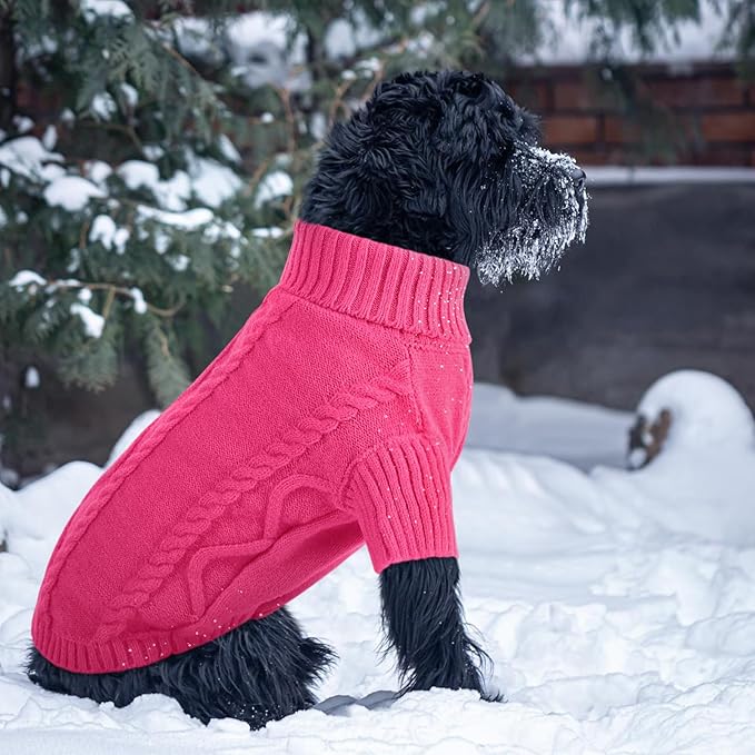 Queenmore Small Dog Pullover Sweater, Cold Weather Cable Knitwear, Classic Turtleneck Thick Warm Clothes for Chihuahua, Bulldog, Dachshund, Pug (Fuchsia, X-Large)