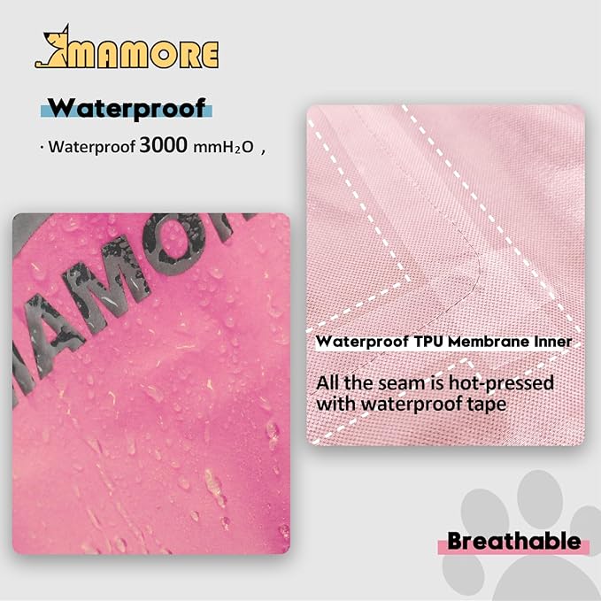 MAMORE Dog Raincoat Hooded Rain Jacket for Small Medium Large Dogs Slicker Poncho Bottom Waterproof Adjustable Reflective Breathable Leash Hole (Pink, Small)