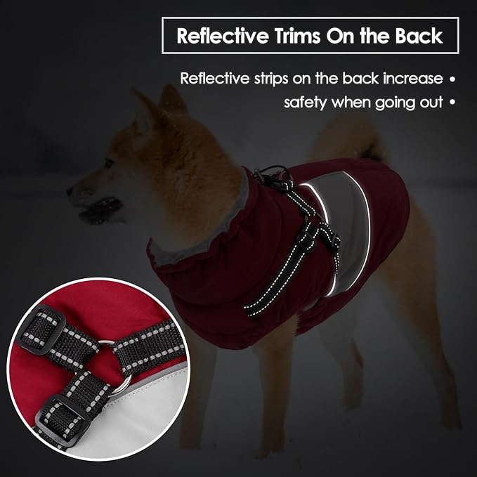 SUNFURA Dog Coat, XXL Dog Jacket Winter with Harness Built in, Waterproof Pet Snow Jacket with Furry Collar for Chilly Day, Reflective Fleece Snowsuit for Extra Large Dogs, Burgundy 2XL