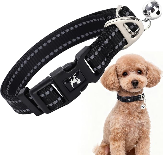 Reflective Dog Collar with Bell - Adjustable Nylon Puppy Collar for Small Dogs, Nighttime Safety for Chihuahua, Pomeranian, Yorkie, Black, XS