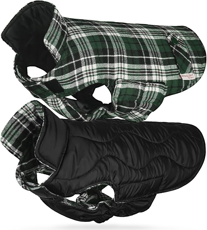 VIVAGLORY Softjoy Dog Coat, Dog Jacket for Winter & Christmas, Coat with Harness Hole & Velcro Closure, Reversible Plaid Checkered Warm Fluffy Heavy Duty for Puppy, XL, Green