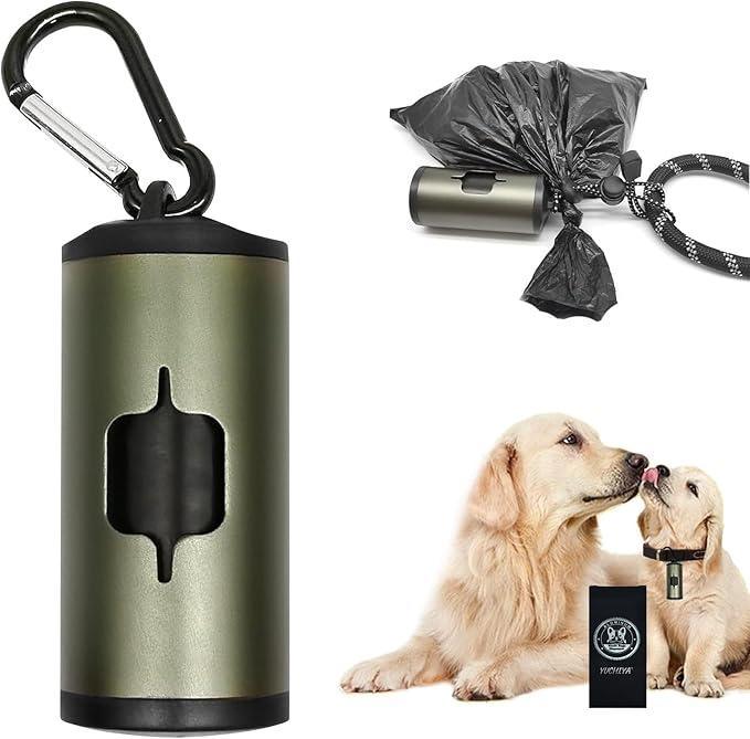 Metal Dog Poop Bag Holder Aluminum Dispenser for Leashes, Hiking & Travel, Lightweight Scratch-Resistant with 3 Attachments and 195 Bags (Olive Green, 1 Holder 15 Bags)