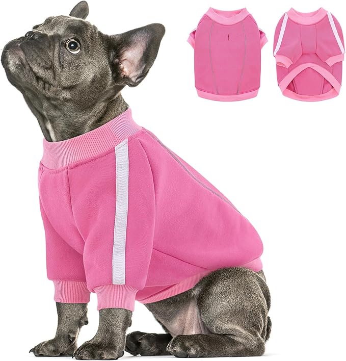 Queenmore Fleece Dog Sweater for Girl Dogs, Pullover Pink Dog Sweatshirt Sweatshirt with Leash Hole, Reflective Stripes – Cozy Winter Fleece Jacket for Small/Medium/Large Femal Puppy S