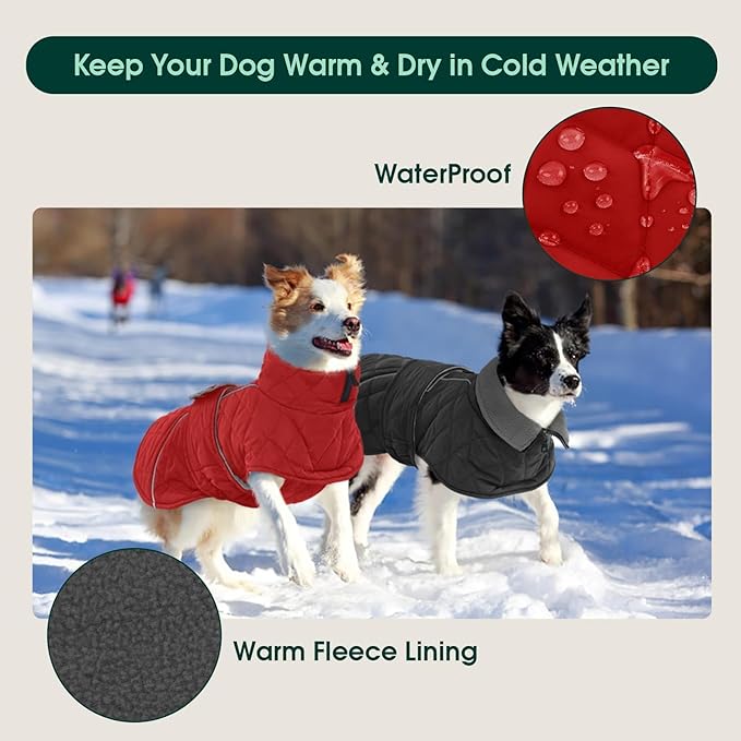 Kuoser Extra Warm Dog Jacket for Medium Dogs, Fleece Lined Dog Turtleneck Snow Suits, Windproof & Reflective Pet Winter Coat Cold Weater Clothes for Dogs, Red M