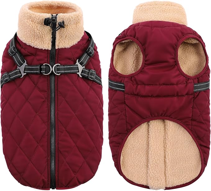 Queenmore Dog Coats for Large Dogs, Dog Jacket, Warm Fleece Winter DogCoat with Harness Built in, Back Zipper Pet Jacket for Large Breeds, Thick Fleece Lining Pet Snowsuit, Burgundy 2XL