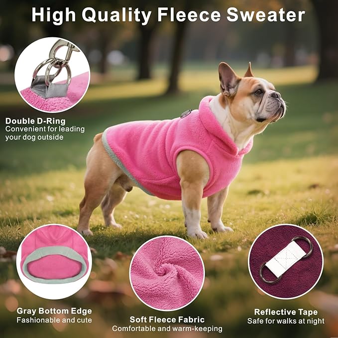 Idepet 2 Pack Dog Fleece Vest Sweater Warm Pullover Jacket with D-Ring Leash Reflective Winter Coat Hoodie for Puppy Cat French Bulldog Pug Chihuahuas Yorkies Dachshunds (Red&Rose Red,X-Small)