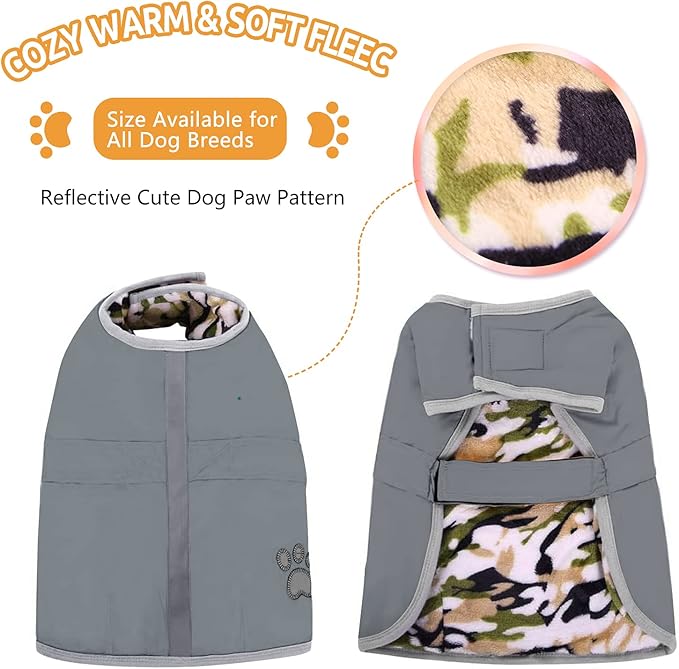 Queenmore Dog Winter Coat, Cold Weather Fleece Jacket for Dogs, Waterproof Reflective Reversible, for Small, Medium and Large Dogs (Grey, XL)