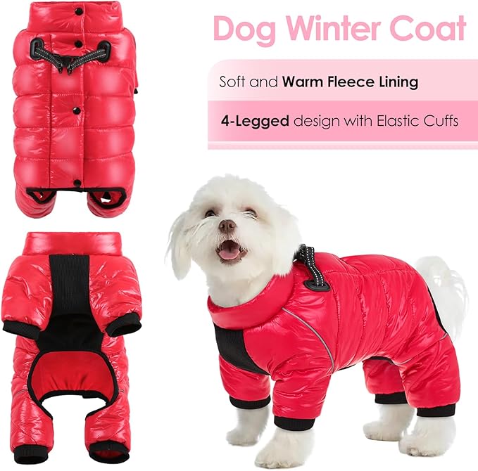 AOFITEE Dog Coat, Waterproof Dog Jacket for Winter, Warm Fullbody Dogs Snowsuit, Winter Coat for Small Dogs, Zip Up Pet Puffer Jacket Fleece Vest, Outdoor Reflective Pet Coats, Christmas Red, S
