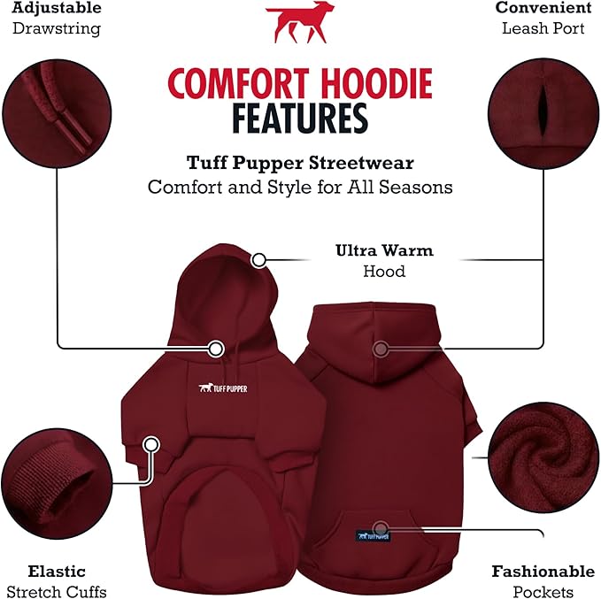 Tuff Pupper Dog Hoodie | Premium Quality 100% Organic Cotton | Ultra Soft Interior for Superior Comfort | Elastic Cuffs & Drawstring for Warmth | Stretch Fit Suitable for All Breeds (Red, M)