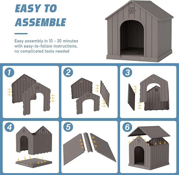 Dog House Outdoor Indoor for Medium Large Dogs, Durable Plastic Waterproof Doghouse with Air Vents and Elevated Floor, Easy Clean and Assemble (Grey, 26.18''L × 24.02''W × 25.98''H)