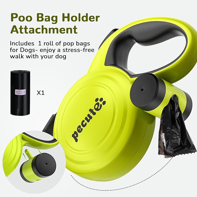 Pecute 32ft Retractable Dog Leash with Reflective Strips, One-Button Control & Sturdiness Nylon Material, Long Leash Retractable with Poop Bag Holder for Medium Large Dog