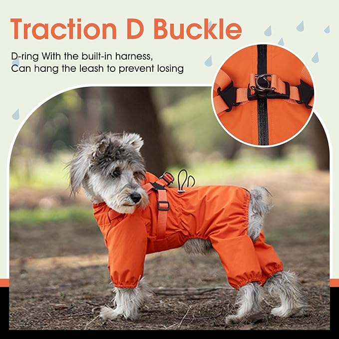 BRKURLEG Dog Raincoat for Small Dogs, Small Dog Rain Jacket with Harness Built in, Waterproof 4 Legs Pet Raincoats, Puppy Outdoor Jacket with Reflective Strip, Orange, S