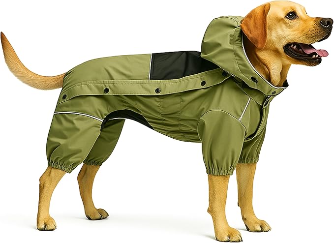 LOVELONGLONG Fleece-Lined Dog Raincoat with Removable Hood – Waterproof Winter Full Body Dog Jacket – Windproof Snowproof Cold-Weather Suit – Green-F 2XL