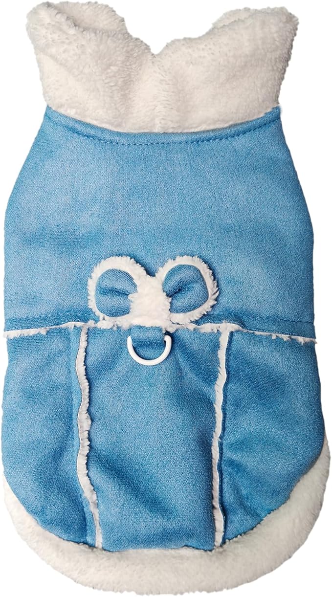 Jecikelon Bowtie Dog Cold Weather Coat Fleece Lining Warm Pet Puppy Turtleneck Dogs Winter Clothes for Small Dogs with D-Ring (Blue, X-Large)