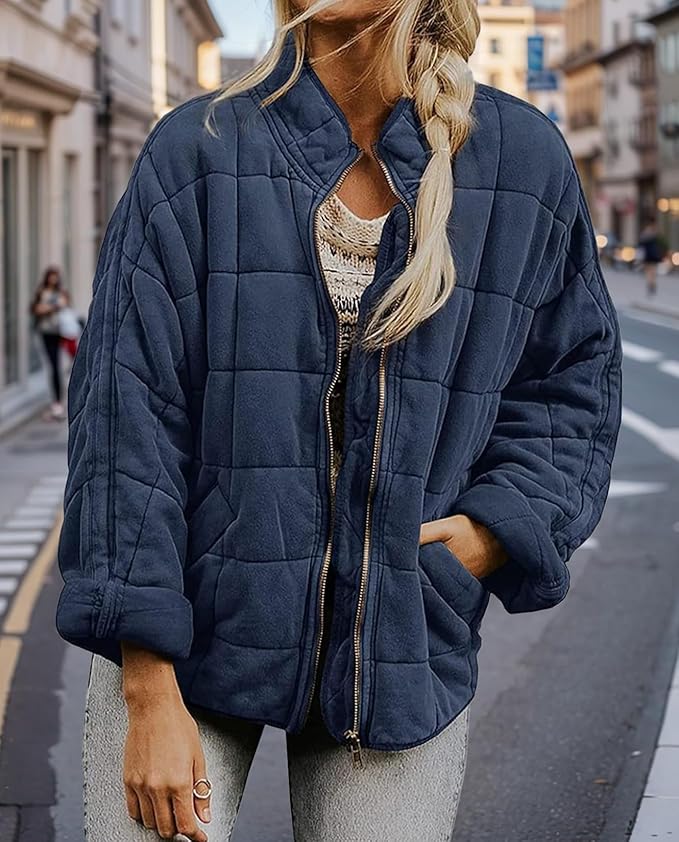 LIZALIG Warm Padded Coat for Women Full Zip Quilted Jackets Winter Oversized Causal Solid Color Stand Collar Pockets Coat