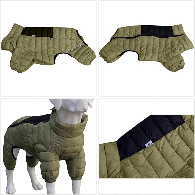 lovelonglong Dog Coat Dog Warm Jacket, 4 Legs Covered Waterproof Windproof Reflective Warm Dog Vest, Zippered Adjustable Outdoor Dog Snow Jacket for Small Medium Large Dogs Olive Green S