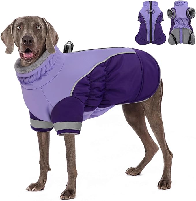 AOFITEE Dog Coat- Two Legged Extra Large Dog Winter Jacket - Zipper Dogs Cold Weather Coat with Harness, Warm Pet Puffer Jackets Reflective Pet Snow Coats for Golden Retriever, Weimaraner, Purple 2XL