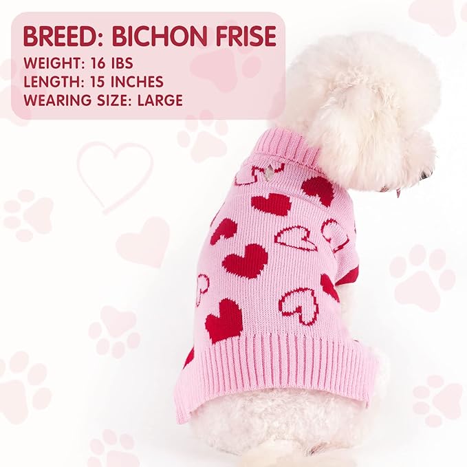 cyeollo Dog Sweater Valentines Day Knitted Pullover Turtleneck Heart Pattern Holiday Theme Pet Apparel with Leash Hole for Small Dogs Pink